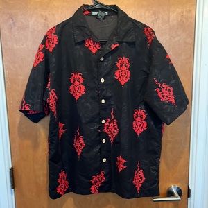 Anchor Blue Shirt Mens M Black Red Button Up Oriental Floral Casual Polyester